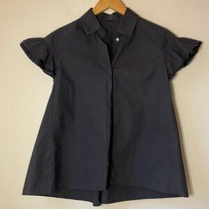 Co Collections cotton flutter cap Sleeve black Shirt raw hem silk pearl button